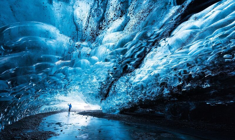 Person in Ice Cave — Blue, Dramatic, Photograph, Water