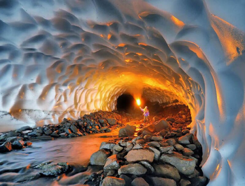 Person in Ice Cave — White, Dramatic, Photograph
