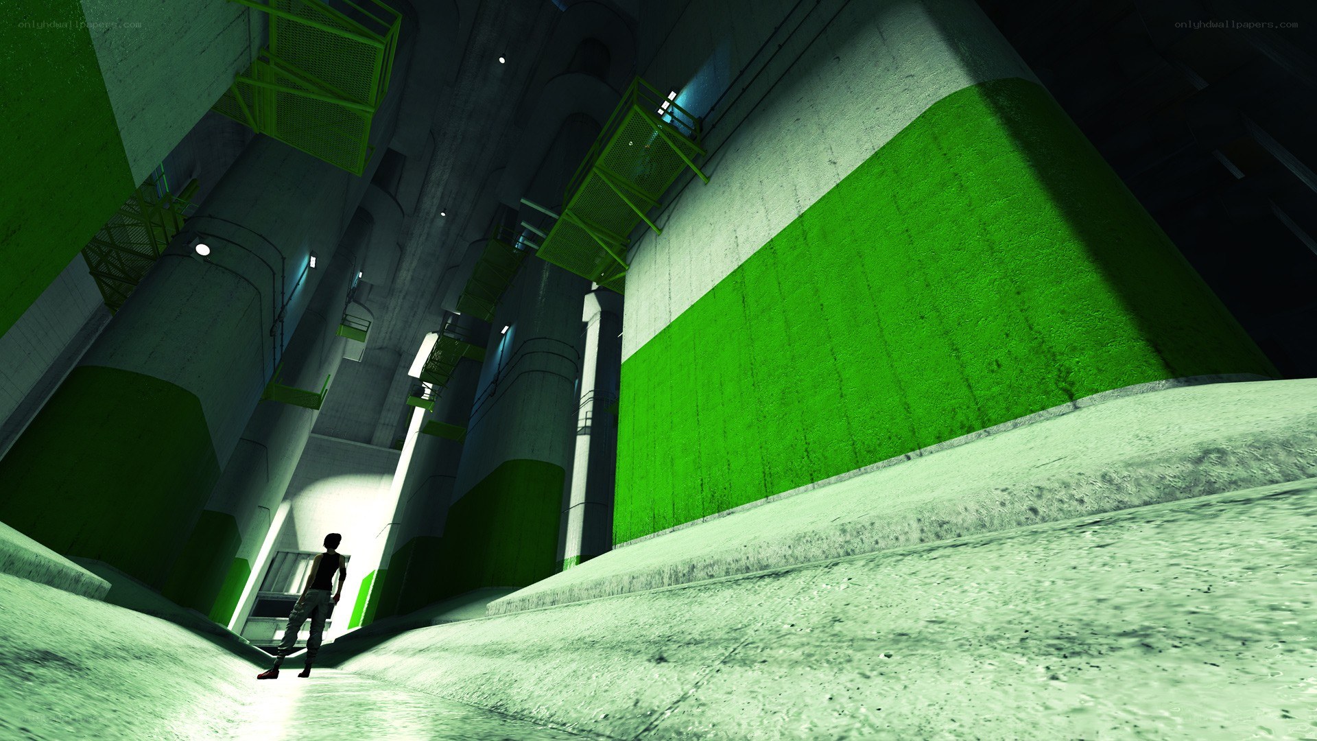 person in industrial corridor