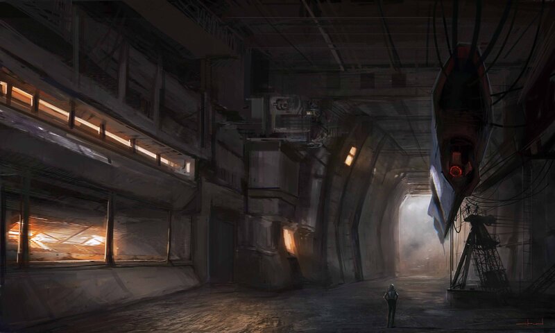 Person in Industrial Corridor — Gray, Dramatic