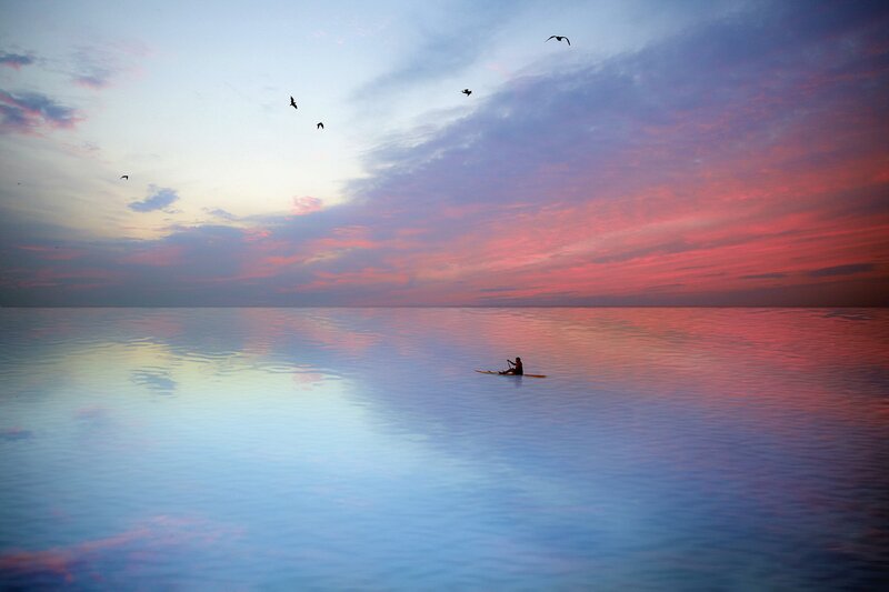 Person in Kayak — Blue, Serene, Sunset