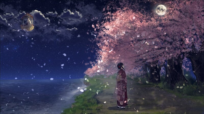 Person in Kimono under Cherry Blossoms