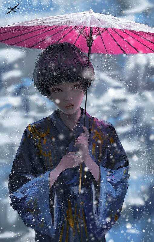 Person in Kimono with Umbrella — Blue