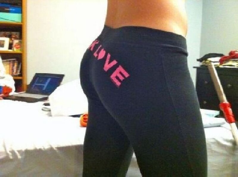 person in leggings with text