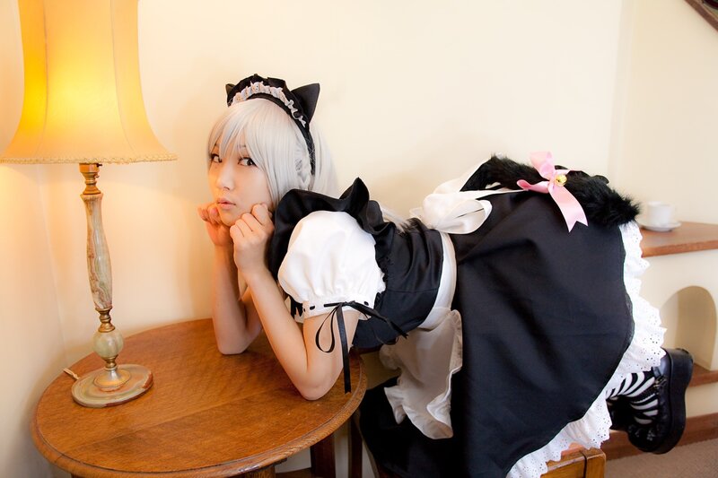 Person in Maid Costume — Black, Calm, Photograph, Lamp, Table