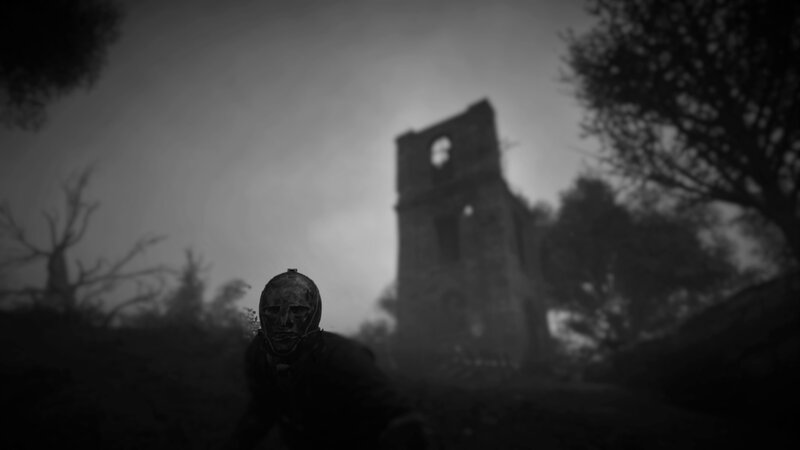 Person in Mask Near Ruin