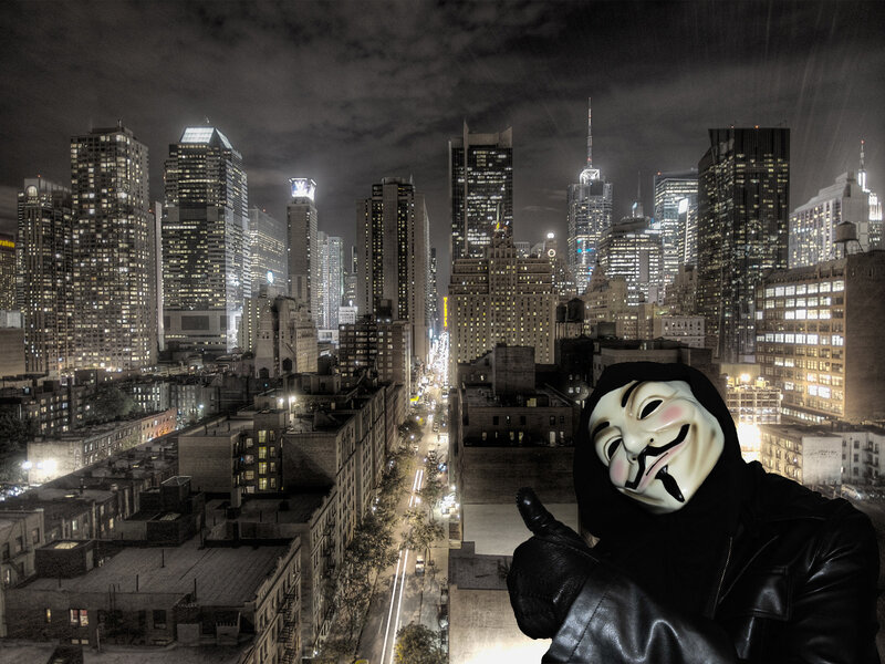 person in mask on city rooftop