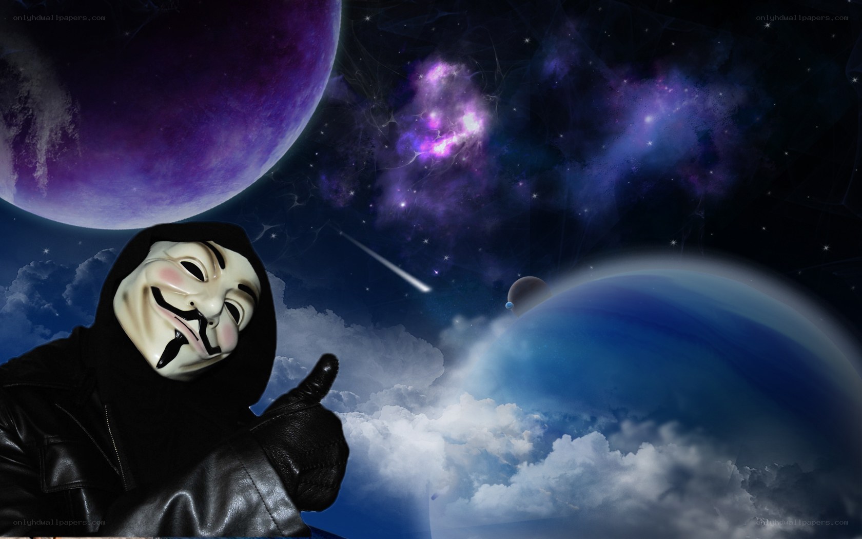 person in mask with planets