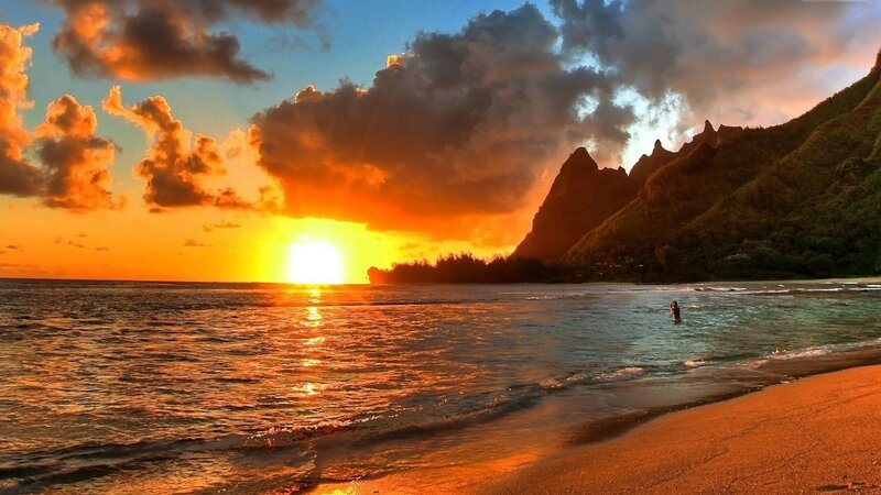 Person in Ocean at Sunset — Orange, Dramatic