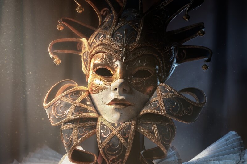 Person in Ornate Mask — Gold, Dramatic