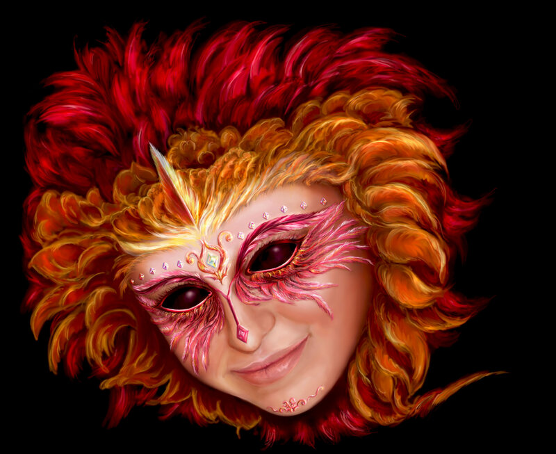 Person in Ornate Mask — Red, Dramatic