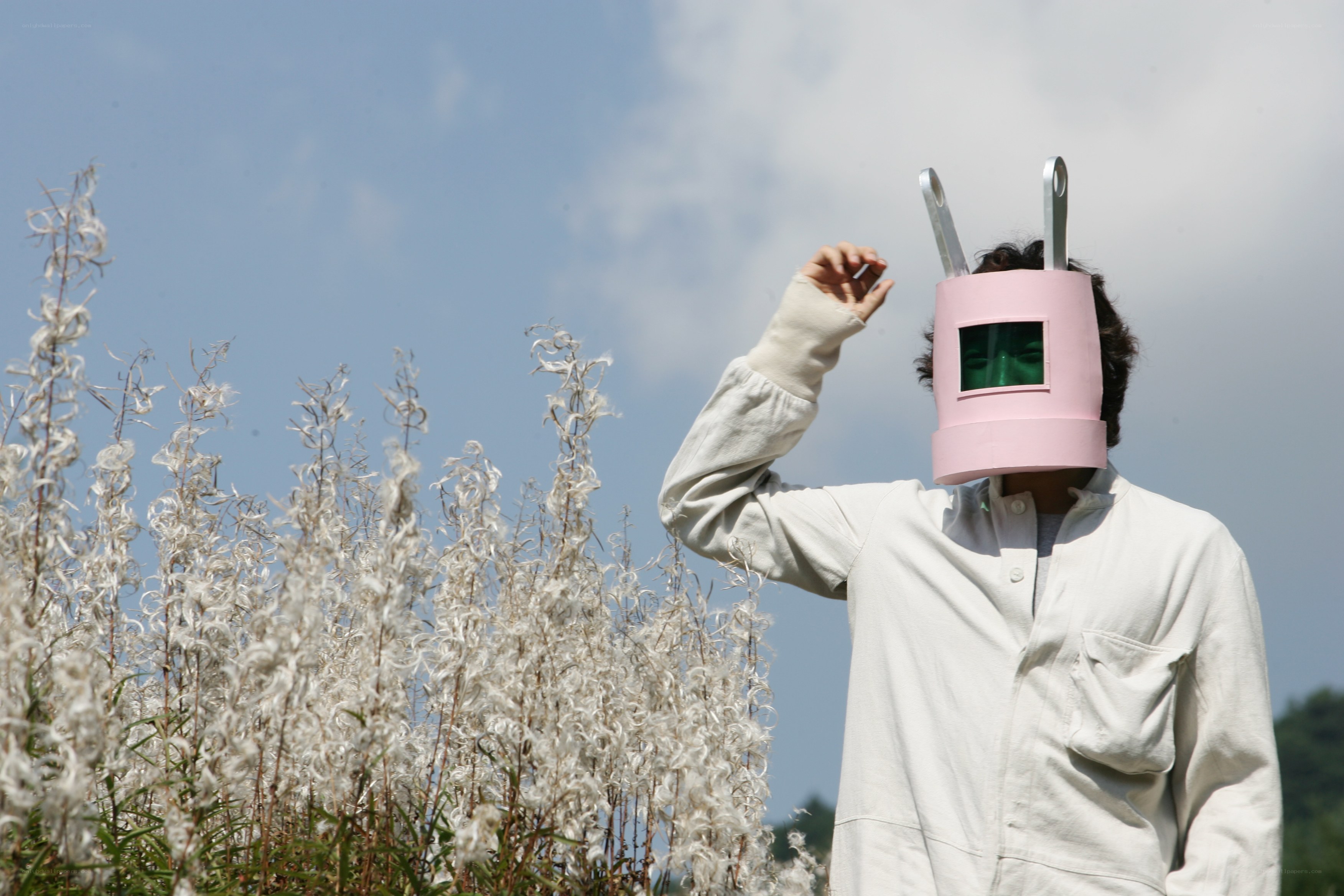 person in pink helmet mask
