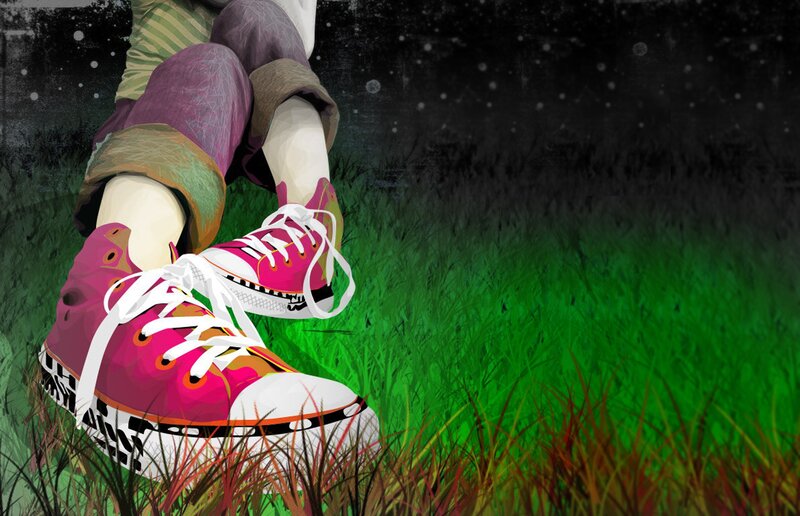 person in pink sneakers on grass