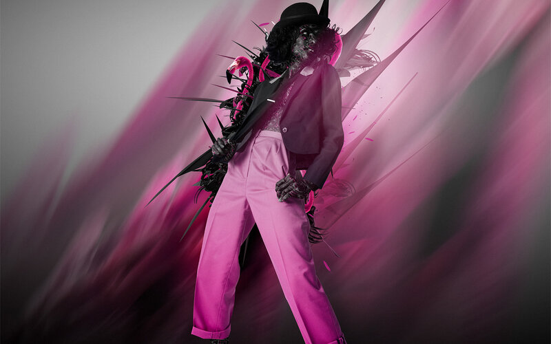 person in pink suit with flamingo