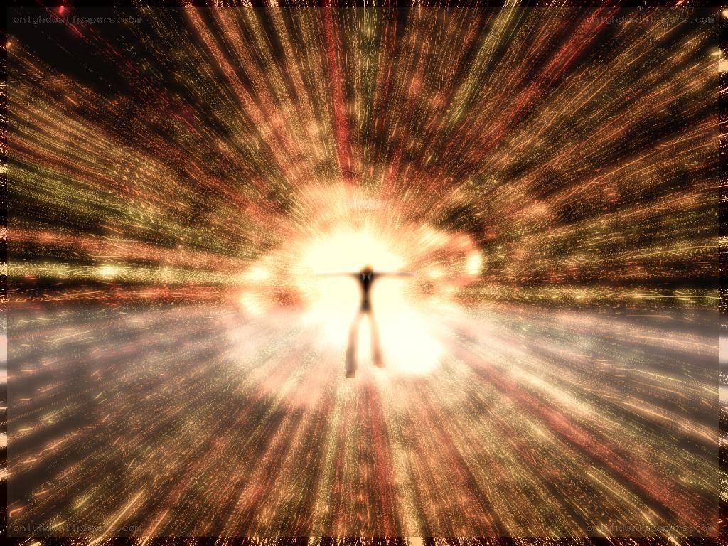 person in radiant light burst