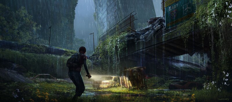 Person in Rain Near Ruins