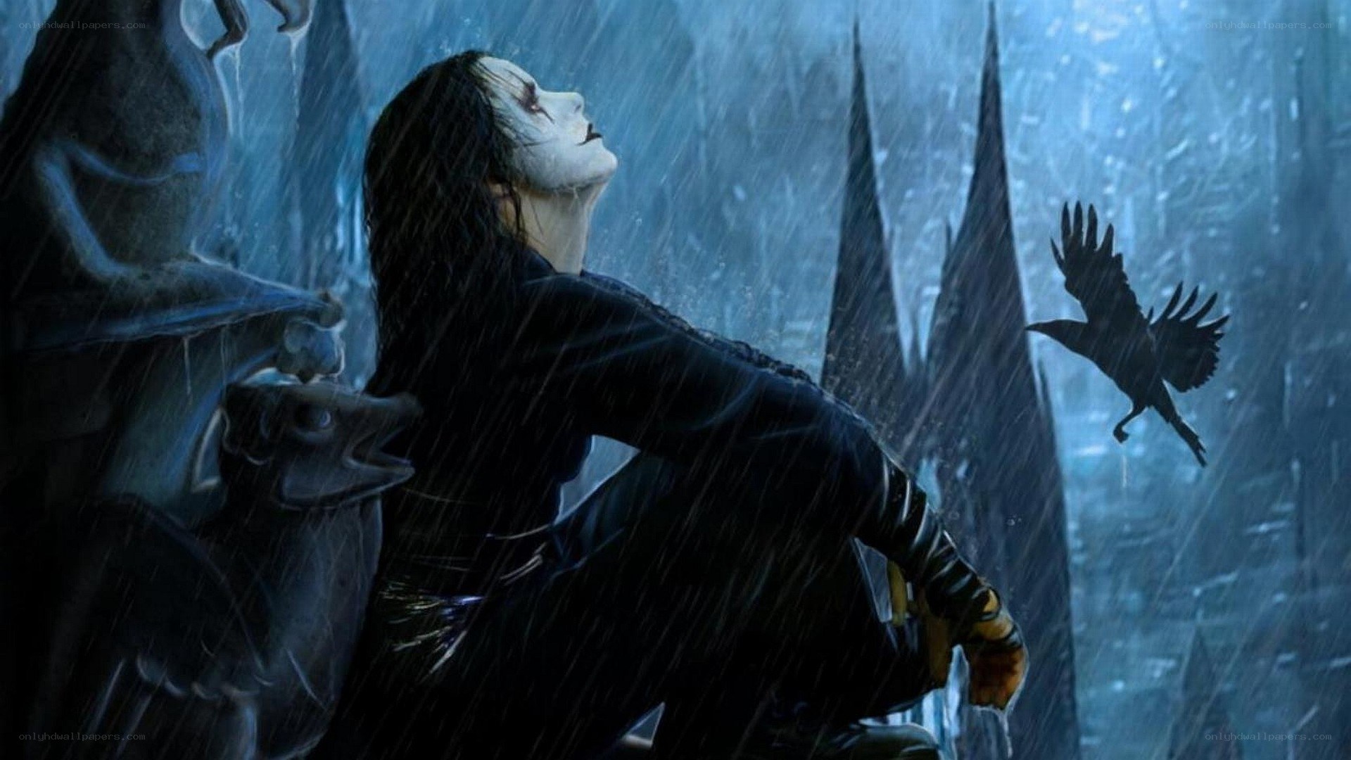 person in rain with crow