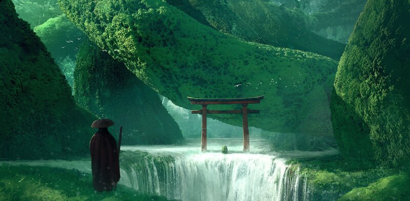 Person in Raincoat at Waterfall