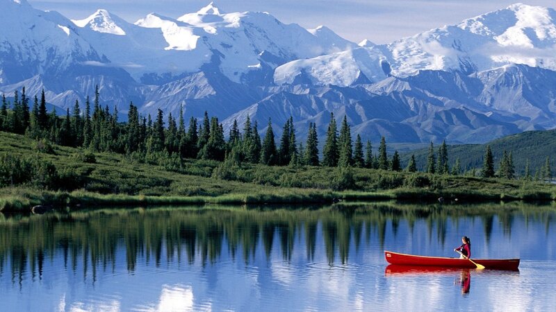 Person in Red Canoe — Blue, Serene, Afternoon, Photograph, Mountains, Forest