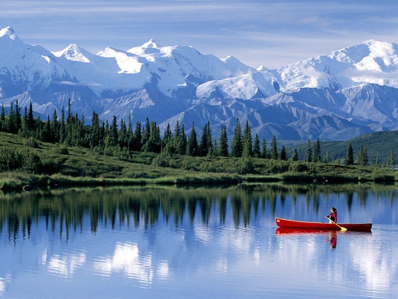 Person in Red Canoe — Blue, Serene, Afternoon, Photograph