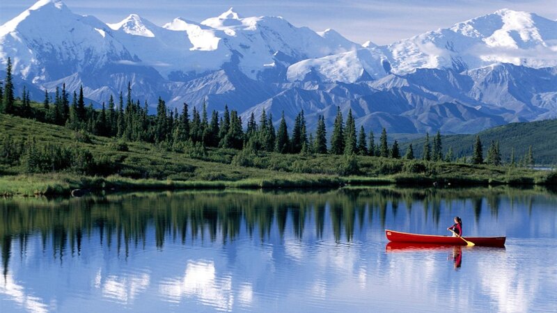 Person in Red Canoe — Blue, Serene, Afternoon