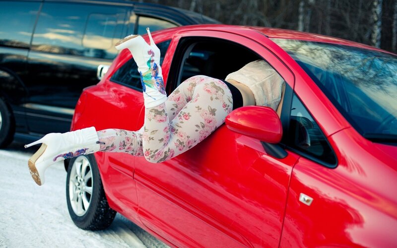 Person in Red Car — Playful, Winter