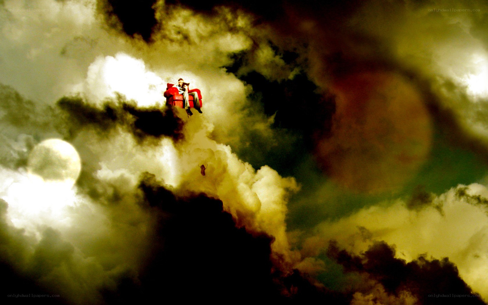 person in red chair floating in clouds