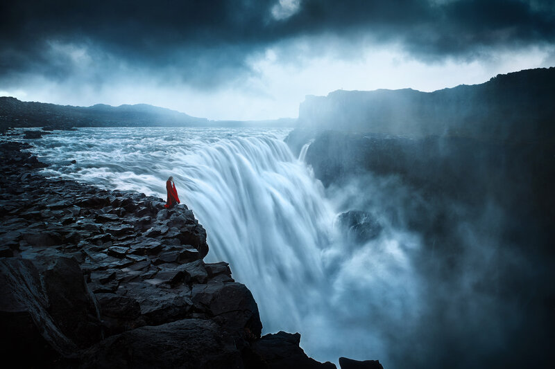 Person in Red Cloak — Blue, Dramatic, Photograph