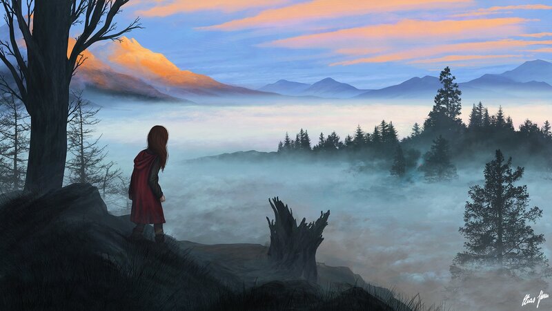 Person in Red Cloak — Blue, Serene, Sunset