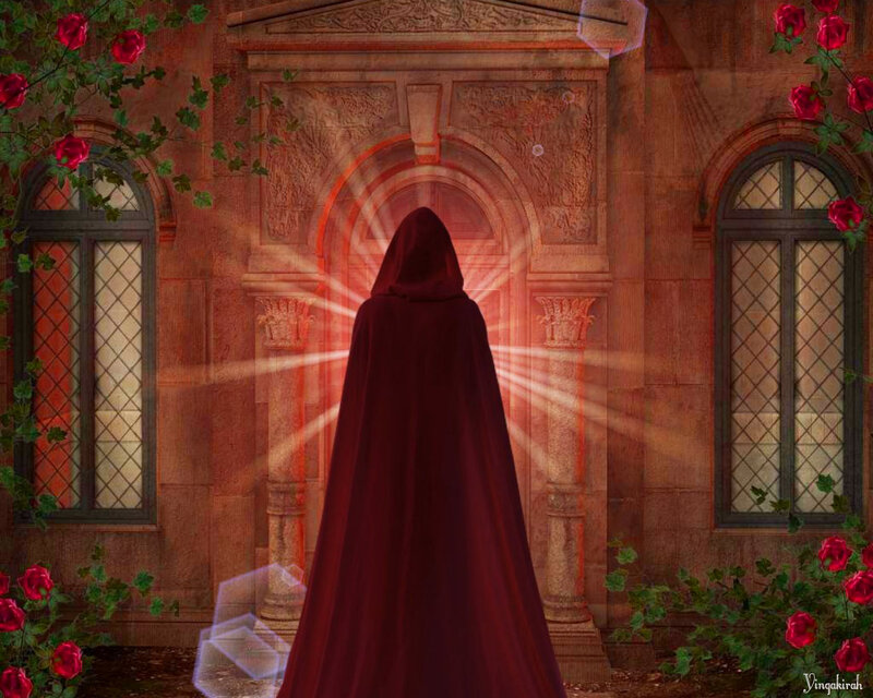 Person in Red Cloak — Dramatic, Digital Art, Rose Bushes