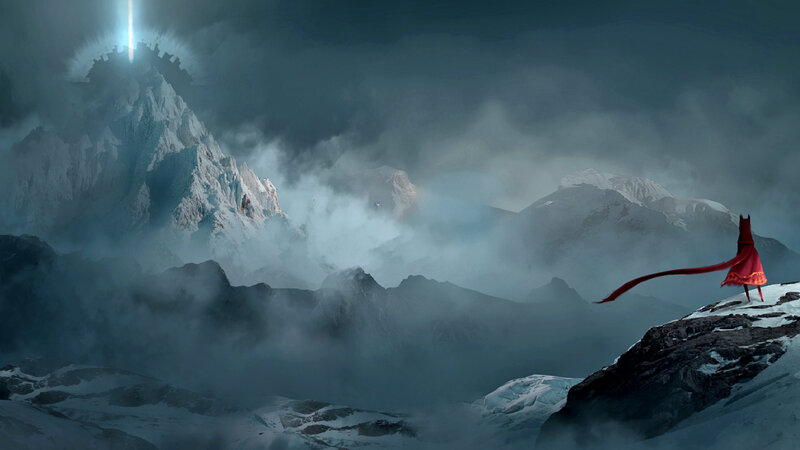 Person in Red Cloak — Dramatic, Night, Digital Art, Mountain