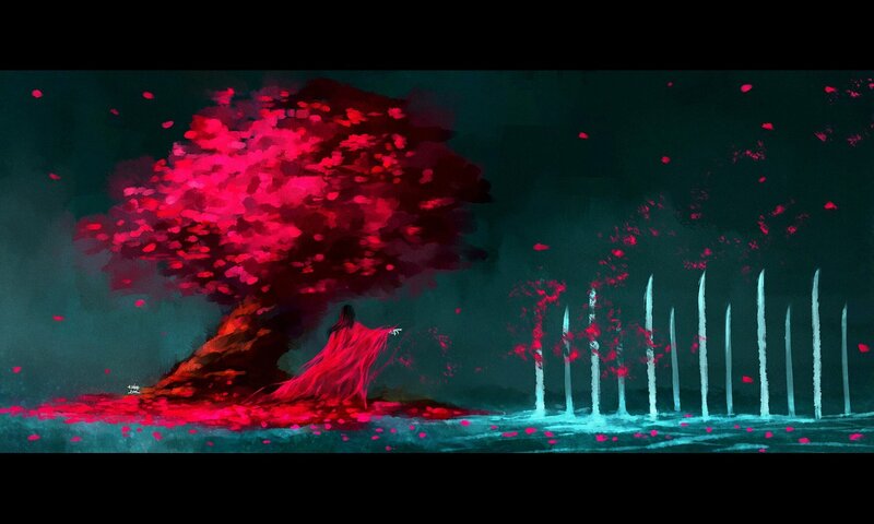 Person in Red Cloak — Dramatic, Night, Digital Art, Tree