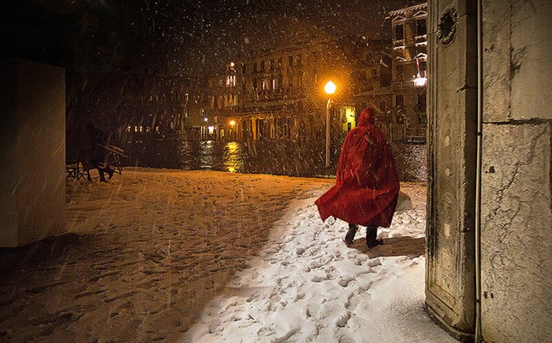 Person in Red Cloak — Dramatic, Night, Photograph, Snow