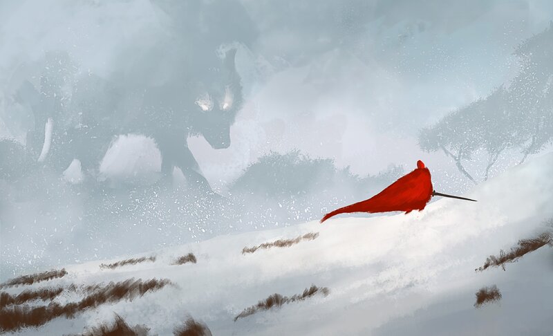 Person in Red Cloak — Dramatic, Winter, Digital Art, Wolf