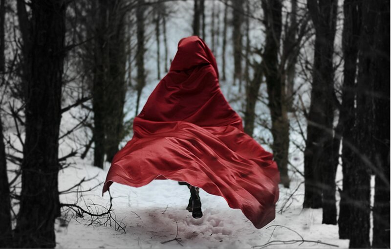 Person in Red Cloak — Dramatic, Winter, Photograph
