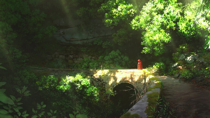 Person in Red Cloak — Green, Serene, Afternoon, Digital Art
