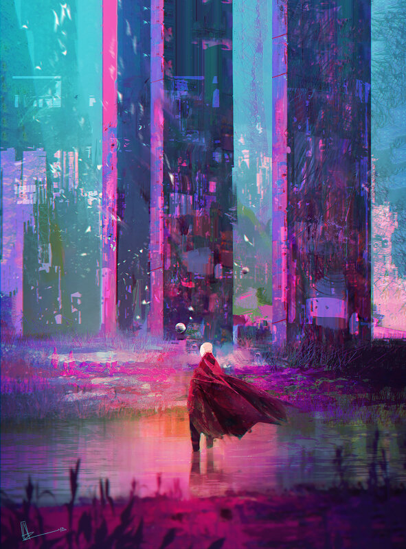 Person in Red Cloak — Purple, Dramatic, Night