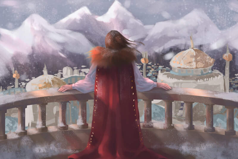 Person in Red Cloak — Serene, Winter, Digital Art, Snowy Mountains
