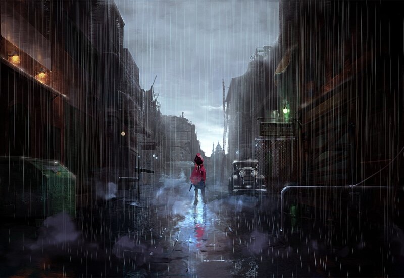 person in red coat walking down alley