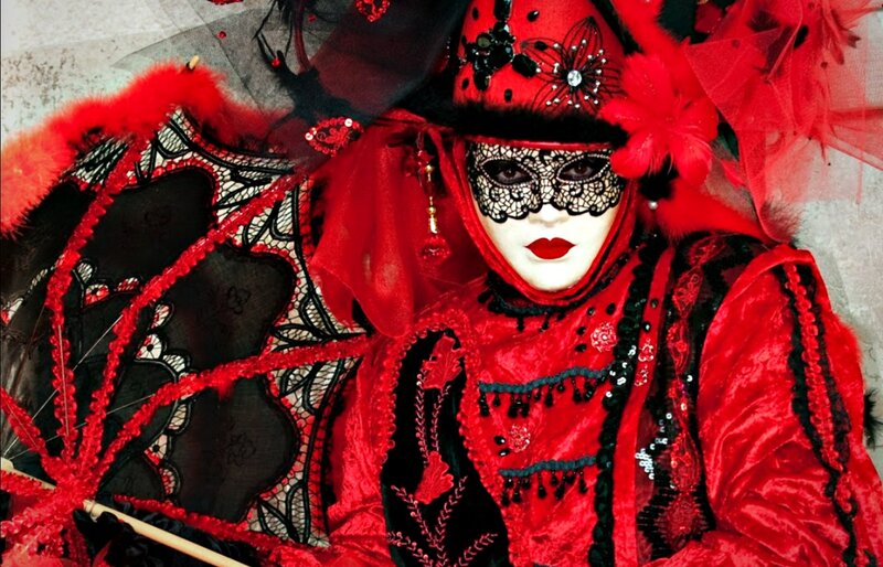 Person in Red Costume — Dramatic, Photograph, Mask, Hat