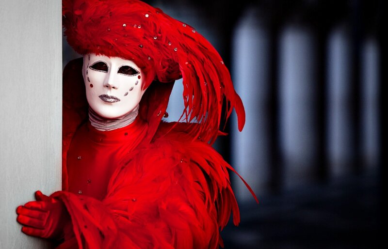 Person in Red Costume — Dramatic, Photograph, Mask