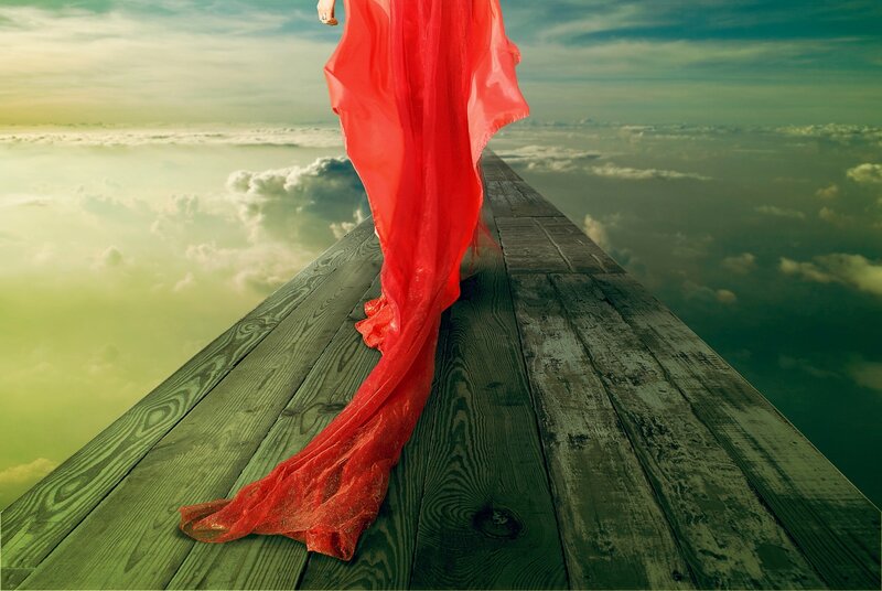 Person in Red Dress — Dramatic, Digital Art, Wooden Path