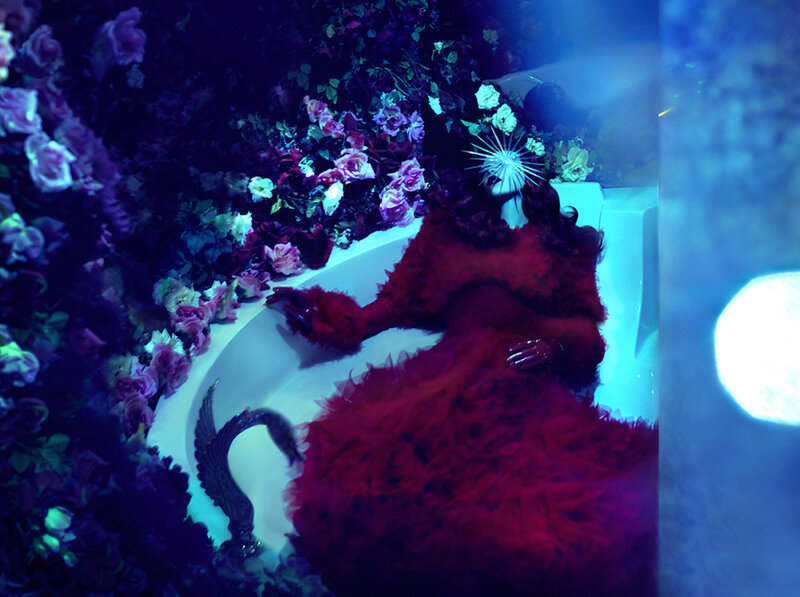 Person in Red Dress — Dramatic, Night, Photograph