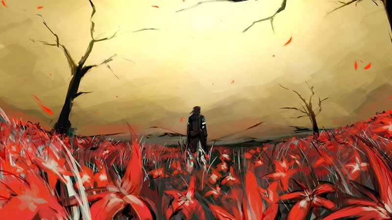Person in Red Field — Dramatic, Sunset, Digital Art, Tree, Flowers