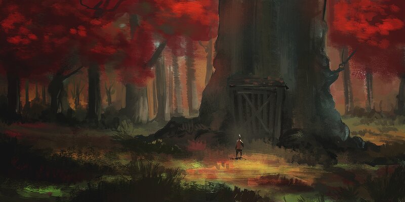 Person in Red Forest — Dramatic, Sunset