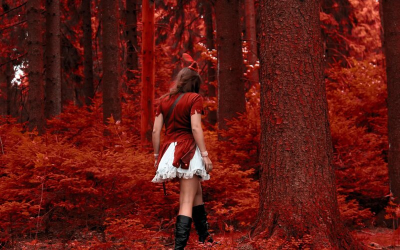 Person in Red Forest — Dramatic