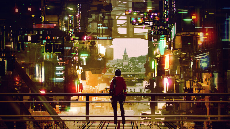 Person in Red Jacket — Black, Dramatic, Night