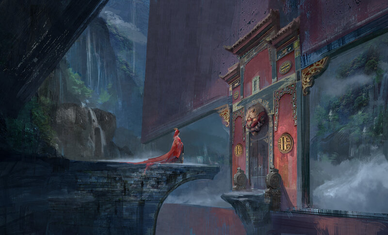 Person in Red Robe — Dramatic, Digital Art, Temple
