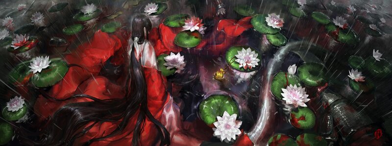 Person in Red Robe — Dramatic, Night, Digital Art, Lotus Flowers