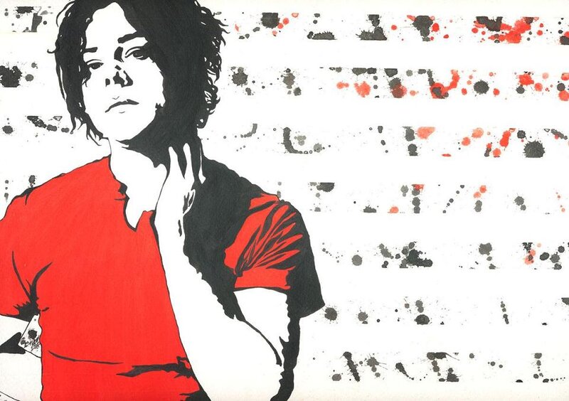 person in red shirt with splatter art